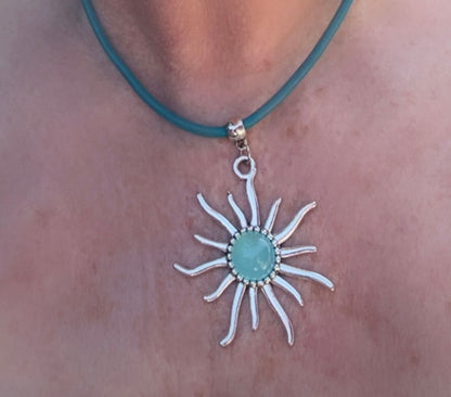 Blue Chalcedony gemstone Sun leather  Necklace