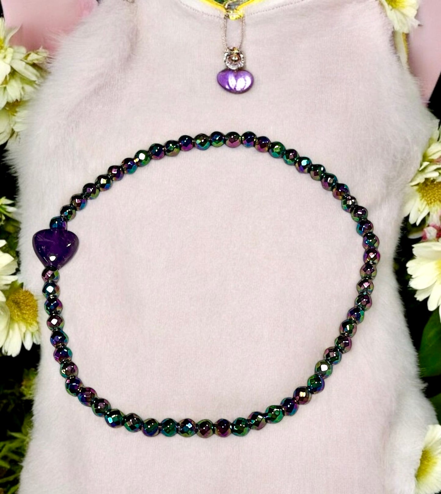 Dainty Amethyst gemstone Heart and Rainbow Hematite stretch bracelet