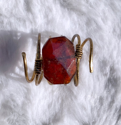 Hand hammered Brass wire ring with garnet birthstone
