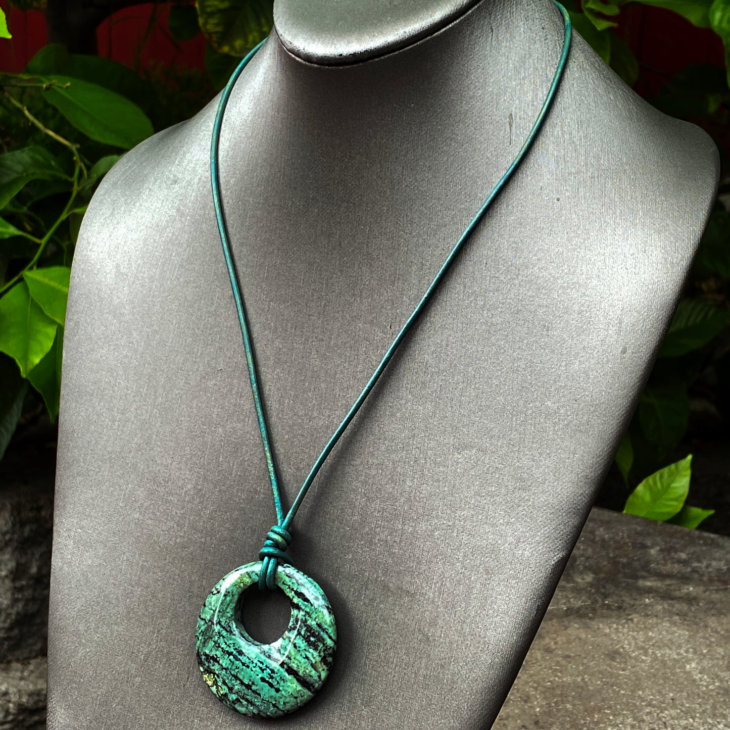 African Turquoise Pendant leather necklace