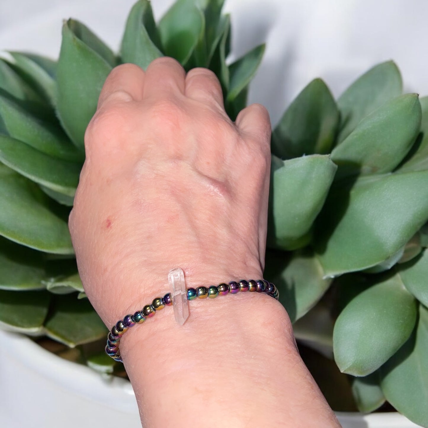 Rainbow Hematite and Quartz Beaded Stretch Bracelet