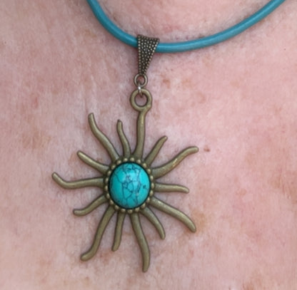 Turquoise gemstone Sun leather  Necklace