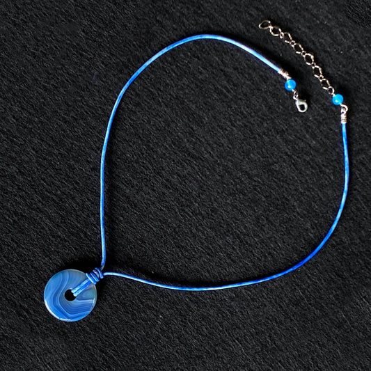 Blue Agate and Leather Necklace