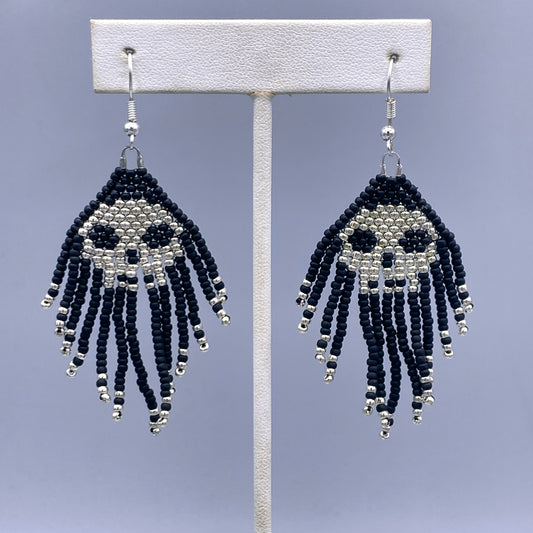 Glass Beaded skull fringe earrings