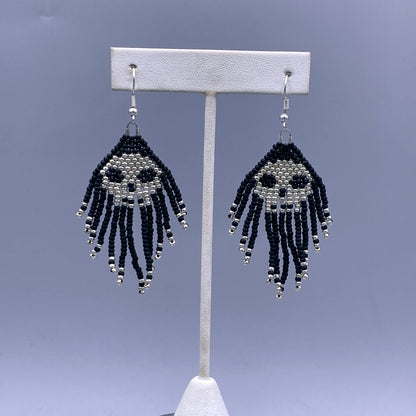 Glass Beaded skull fringe earrings