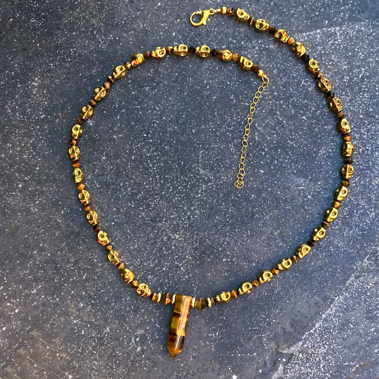 Tiger Eye and Hematite Skull Necklace
