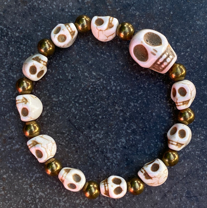 White Howlite Skull and Brass Beaded Bracelet