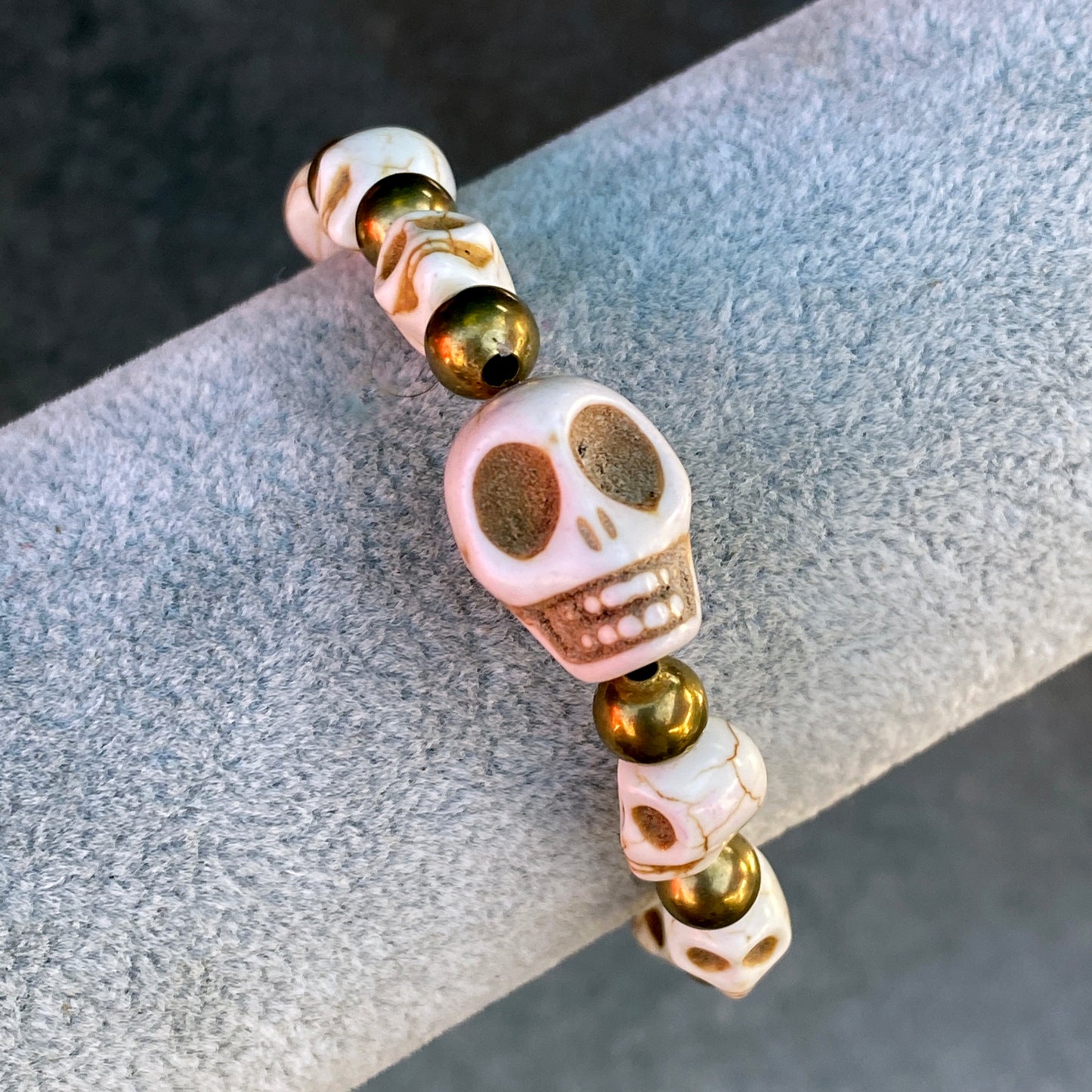 White Howlite Skull and Brass Beaded Bracelet