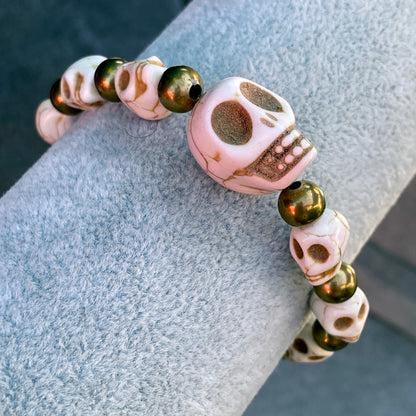 White Howlite Skull and Brass Beaded Bracelet