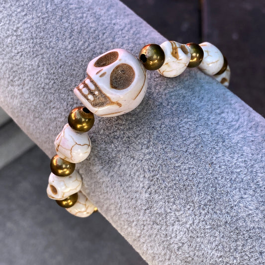 White Howlite Skull and Brass Beaded Bracelet