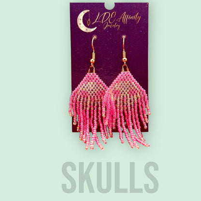 Pink Glass Beaded skull fringe earrings
