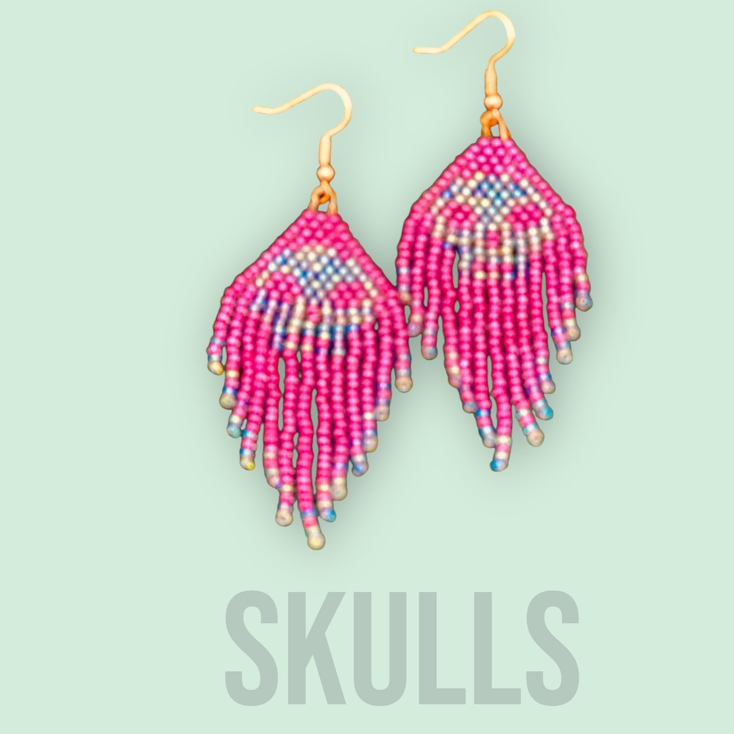 Pink Glass Beaded skull fringe earrings