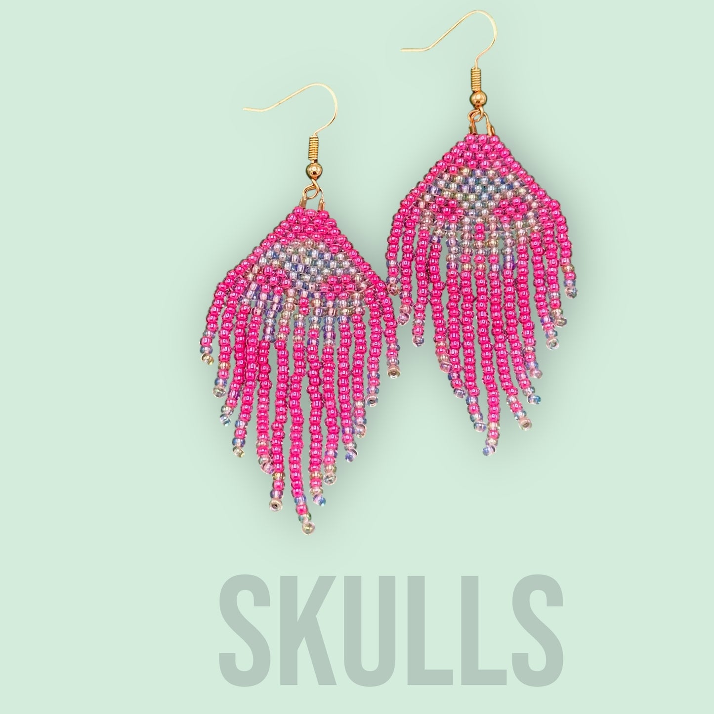 Pink Glass Beaded skull fringe earrings