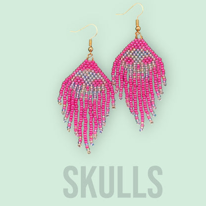 Pink Glass Beaded skull fringe earrings