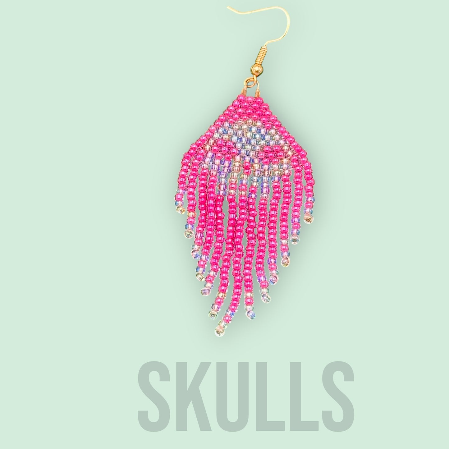 Pink Glass Beaded skull fringe earrings