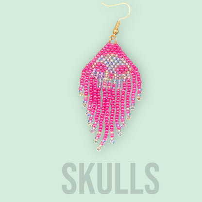 Pink Glass Beaded skull fringe earrings