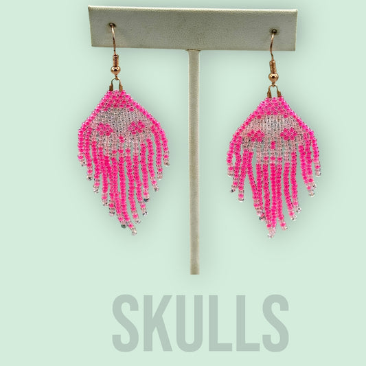 Pink Glass Beaded skull fringe earrings