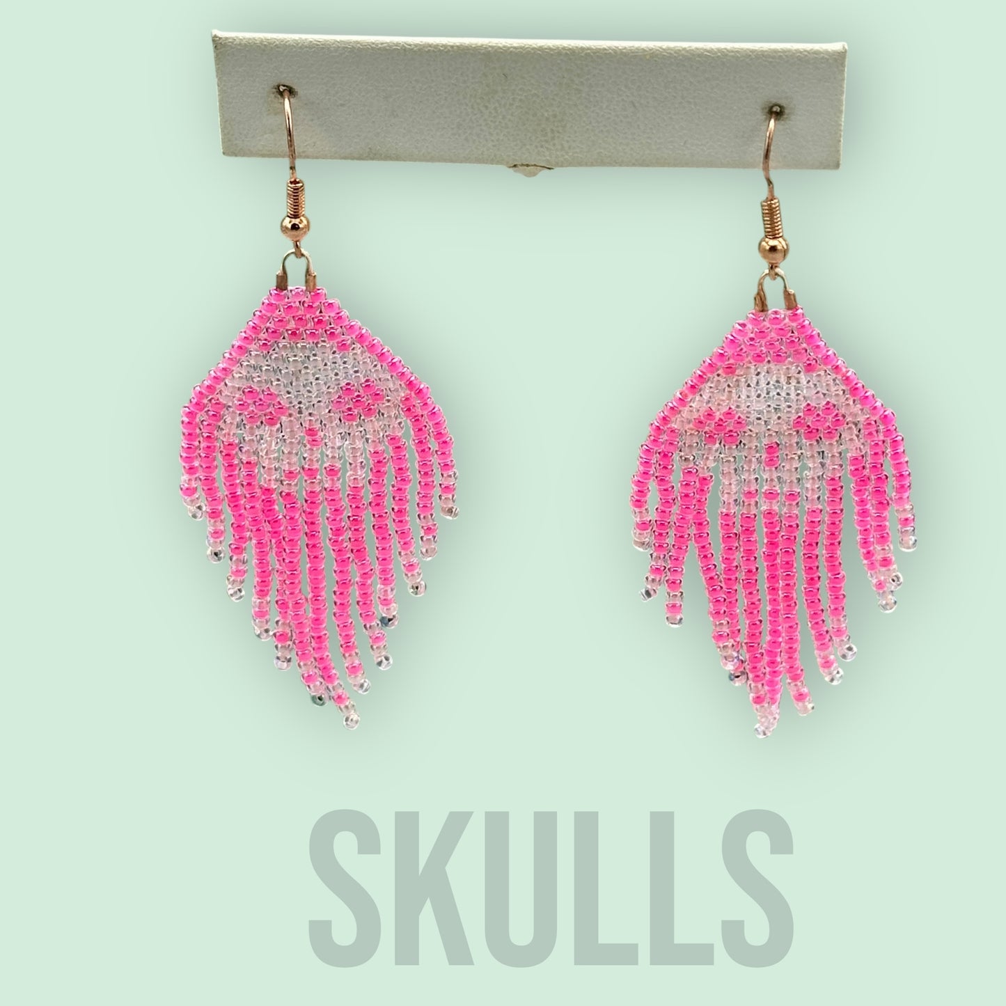 Pink Glass Beaded skull fringe earrings