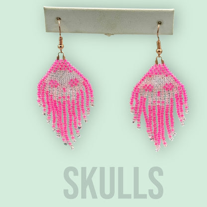 Pink Glass Beaded skull fringe earrings