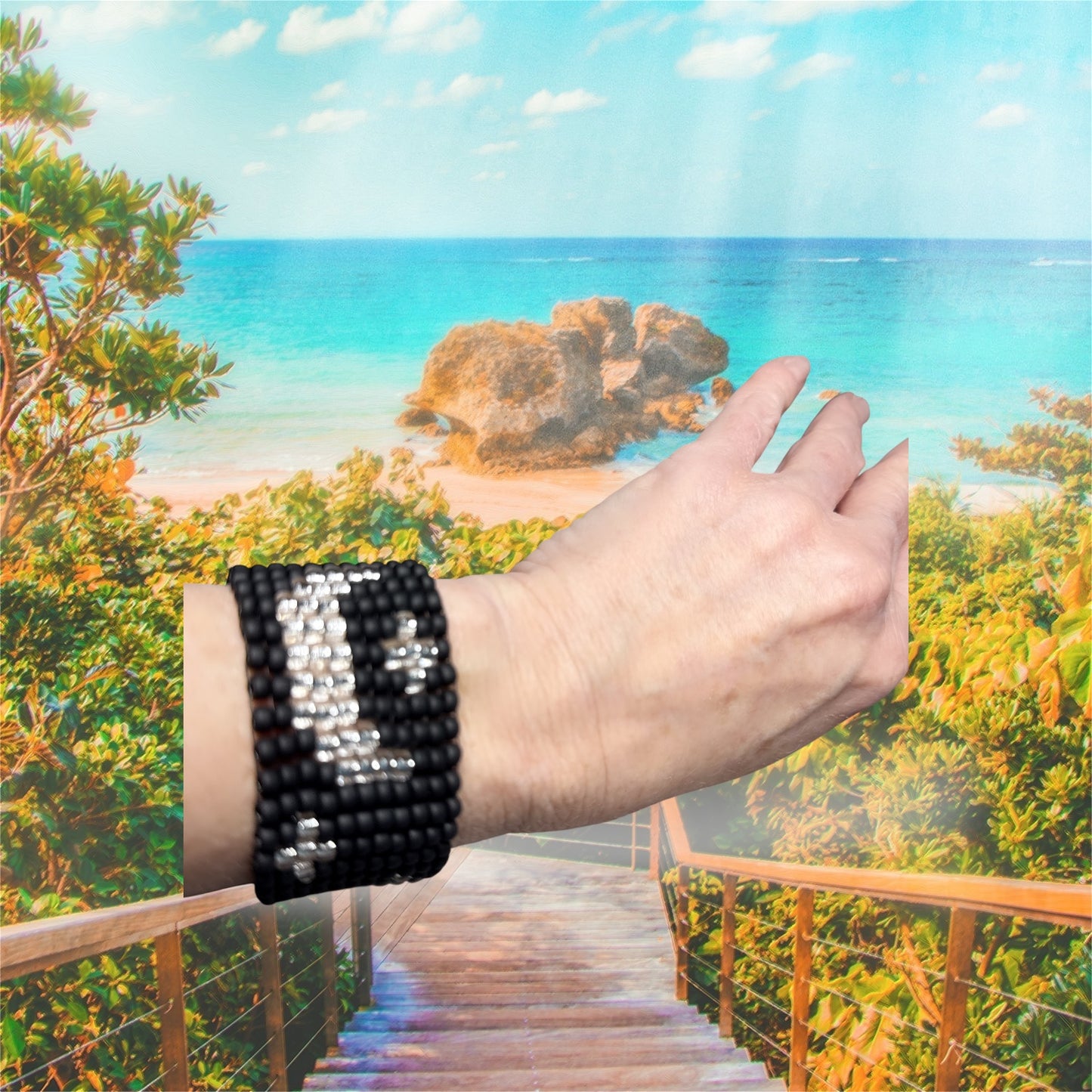 Moon and Stars Glass Beaded Bracelet Black