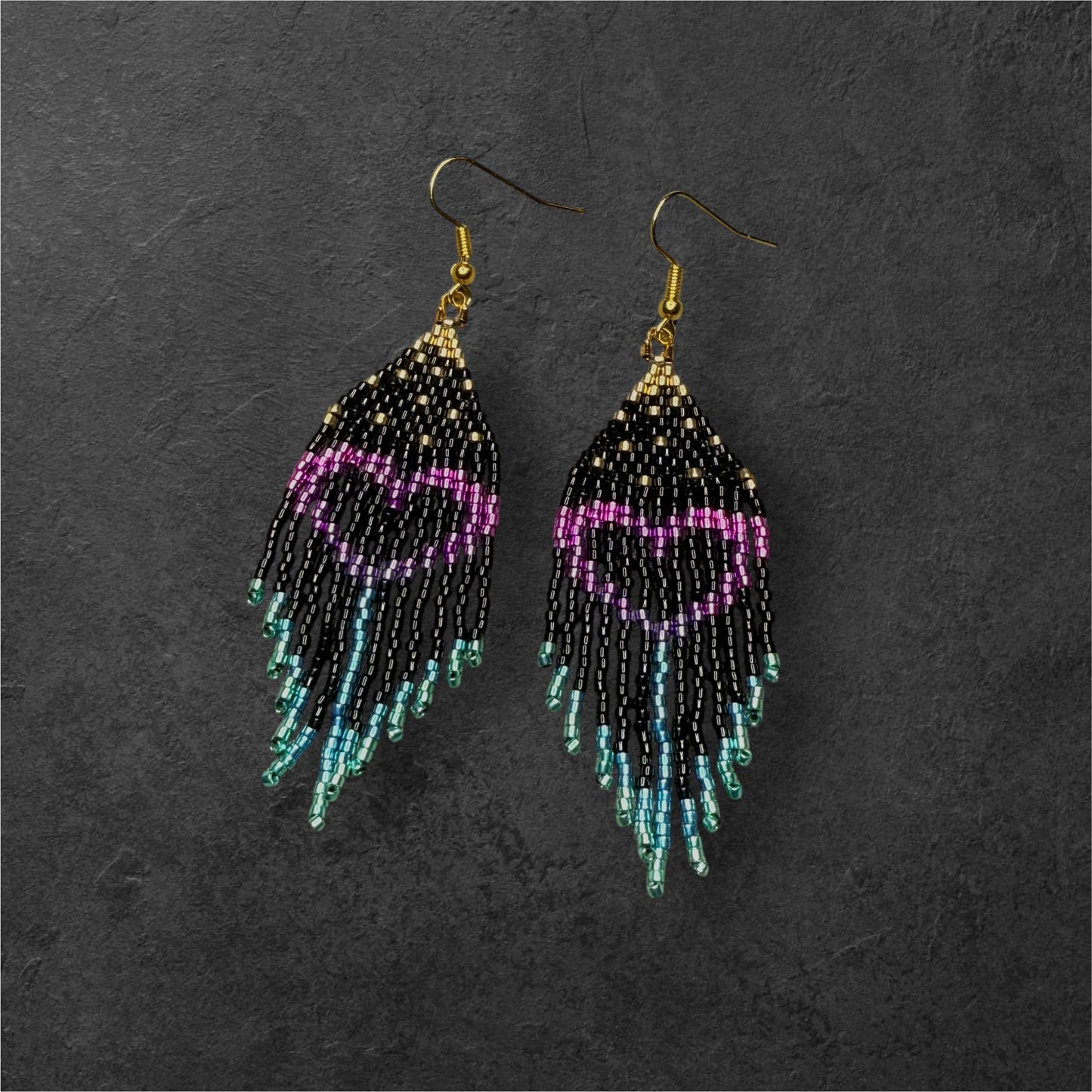 Heart Fringe Metallic Beaded Earrings