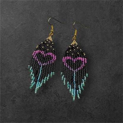 Heart Fringe Metallic Beaded Earrings