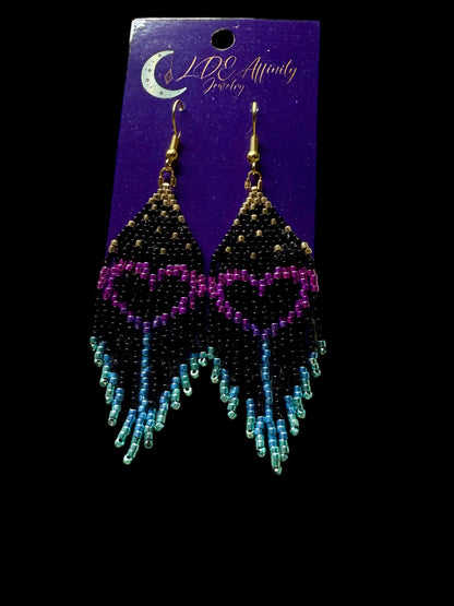 Heart Fringe Metallic Beaded Earrings