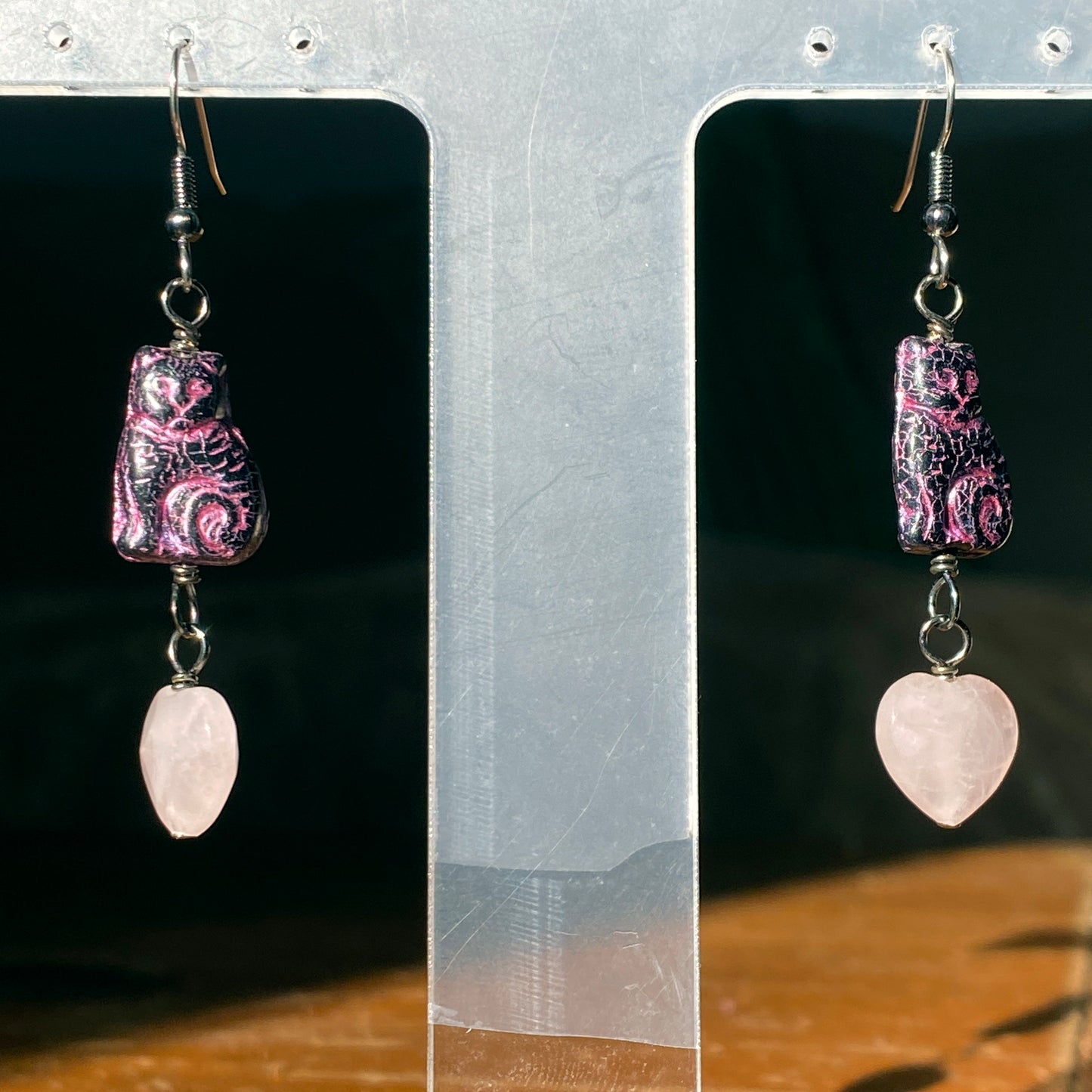 Rose Quartz Gemstone Hearts and Kitty Cat Earrings