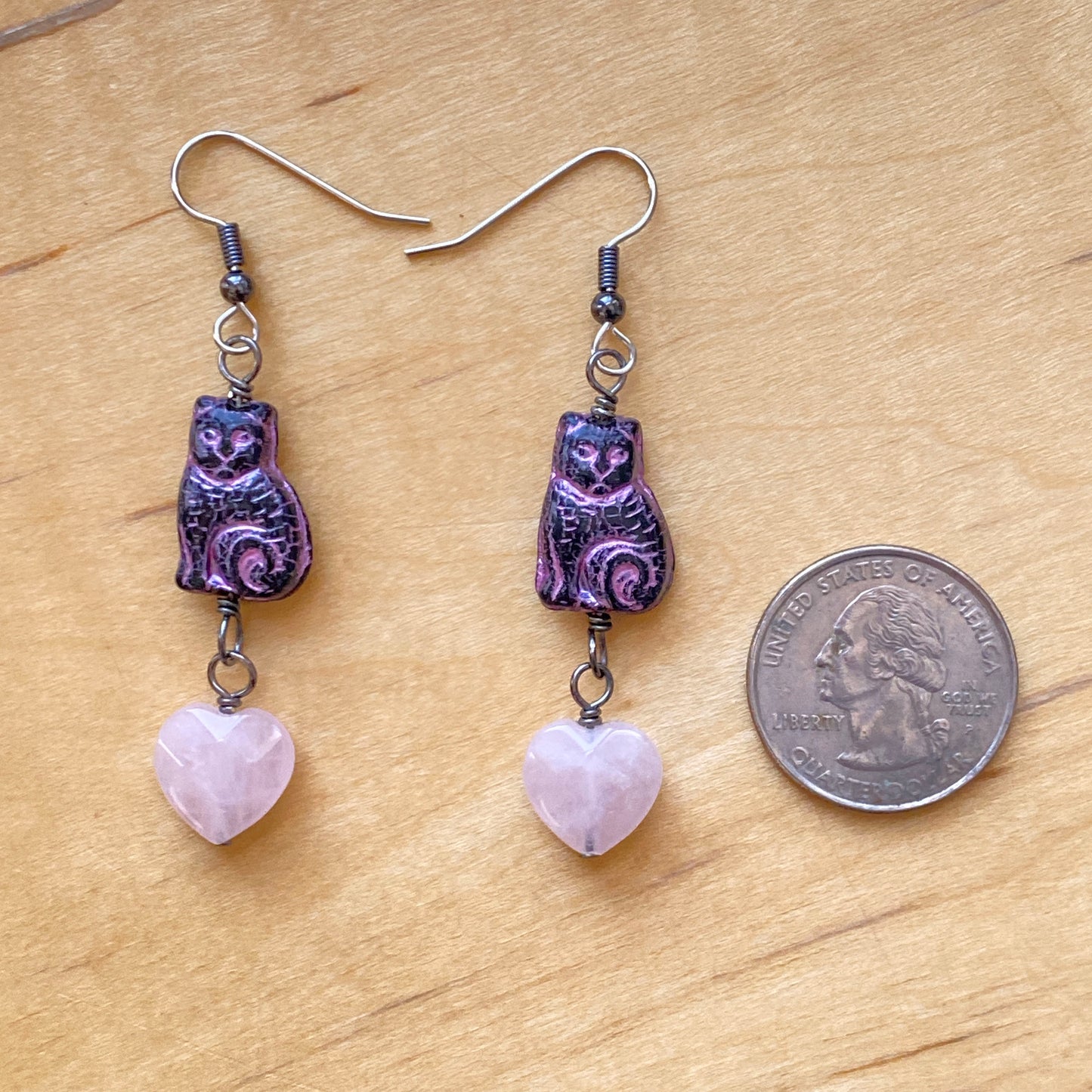 Rose Quartz Gemstone Hearts and Kitty Cat Earrings