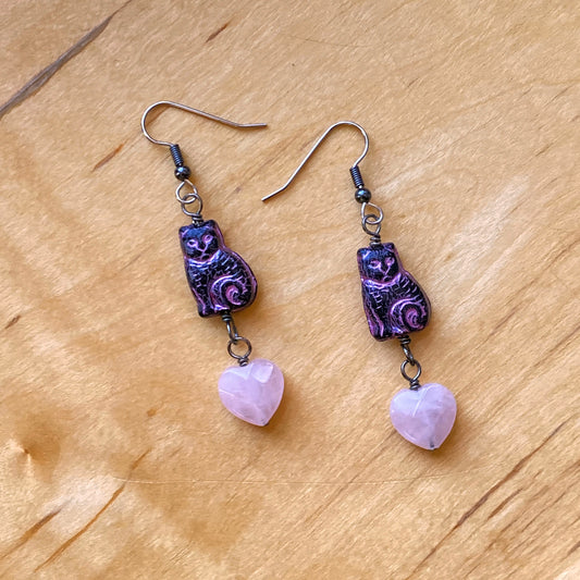 Rose Quartz Gemstone Hearts and Kitty Cat Earrings
