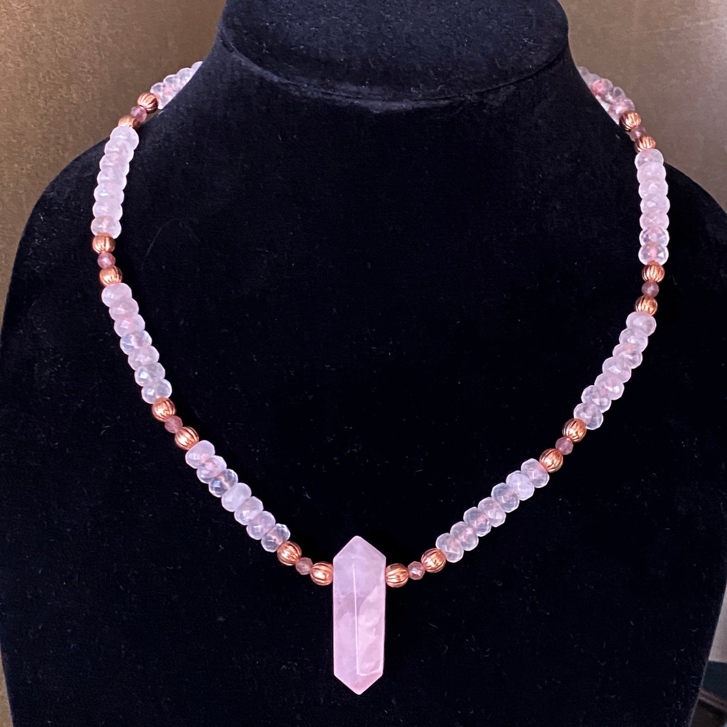 Rose Quartz gemstone and Pink tourmaline large Point Necklace