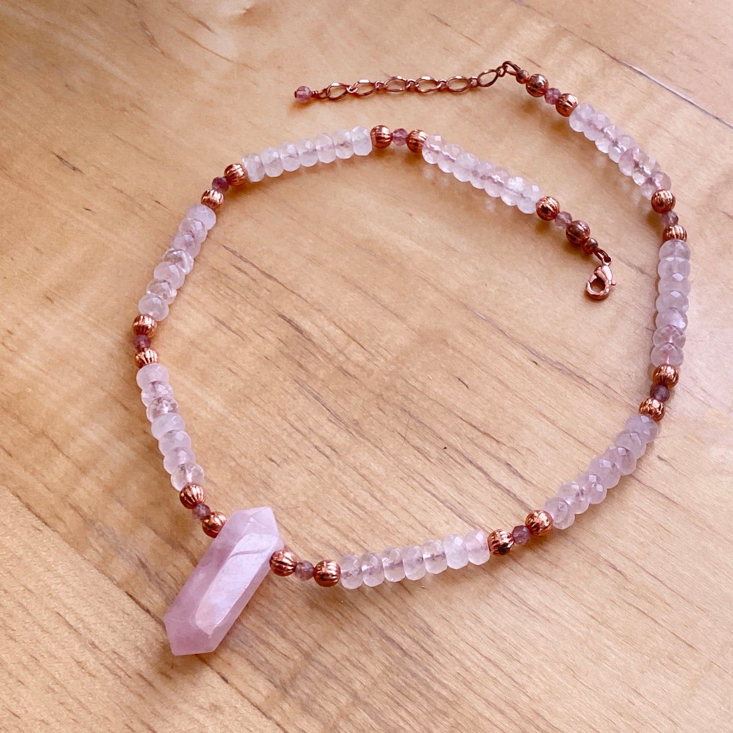 Rose Quartz gemstone and Pink tourmaline large Point Necklace