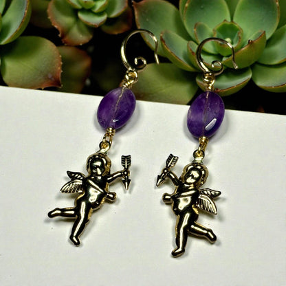 Cupid and Amethyst Dangle Earrings