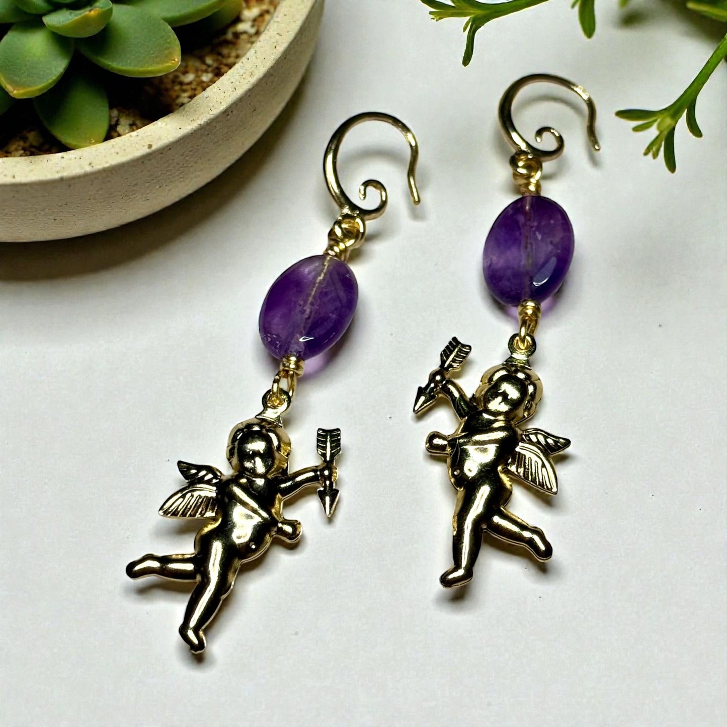 Cupid and Amethyst Dangle Earrings