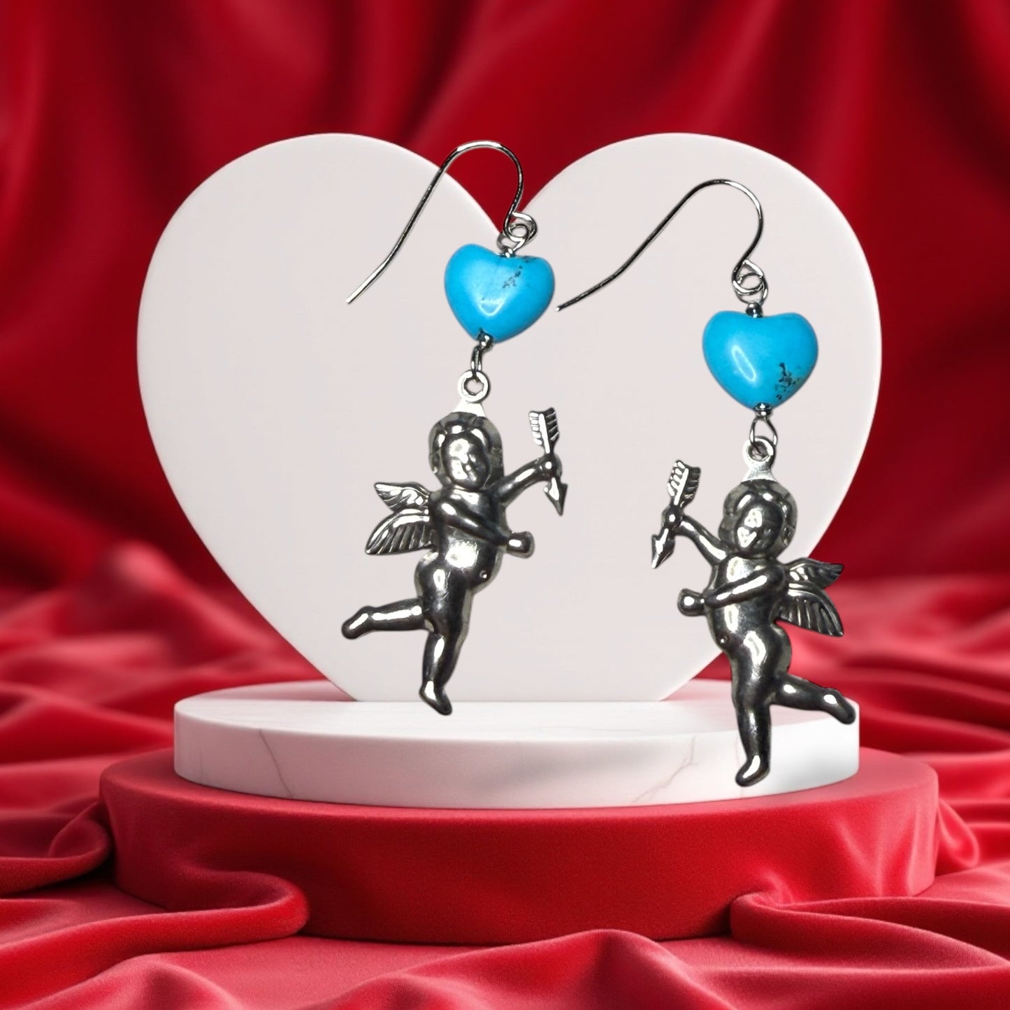 Cupid and Turquoise Heart Dangle Earrings