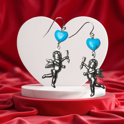 Cupid and Turquoise Heart Dangle Earrings