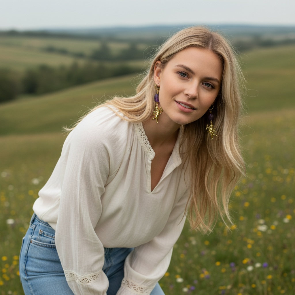 Cupid and Amethyst Dangle Earrings