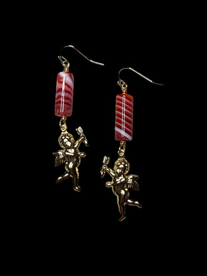 Cupid and Red Agate Dangle Earrings