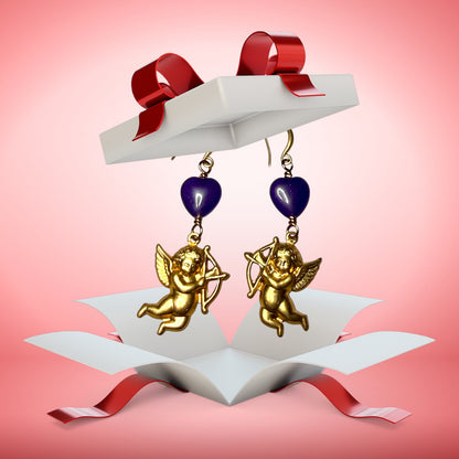 Cupid and Amethyst Heart Dangle Earrings
