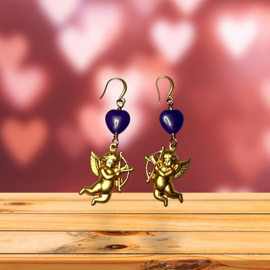Cupid and Amethyst Heart Dangle Earrings