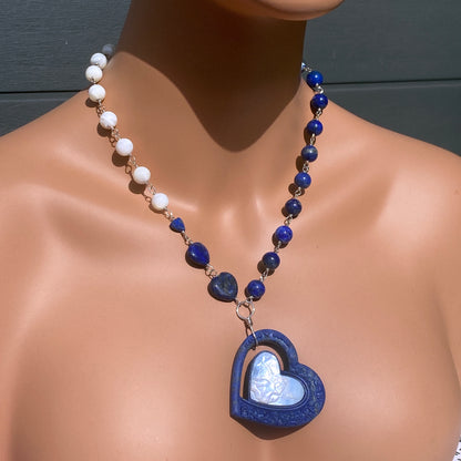 Lapis Lazuli gemstone and Mother of Pearl Heart Cupid Pendant Necklace