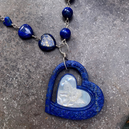Lapis Lazuli gemstone and Mother of Pearl Heart Cupid Pendant Necklace