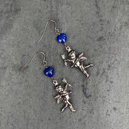 Lapis Lazuli Heart with metal Cupid Dangle and Drop Earrings