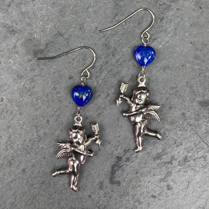 Lapis Lazuli Heart with metal Cupid Dangle and Drop Earrings