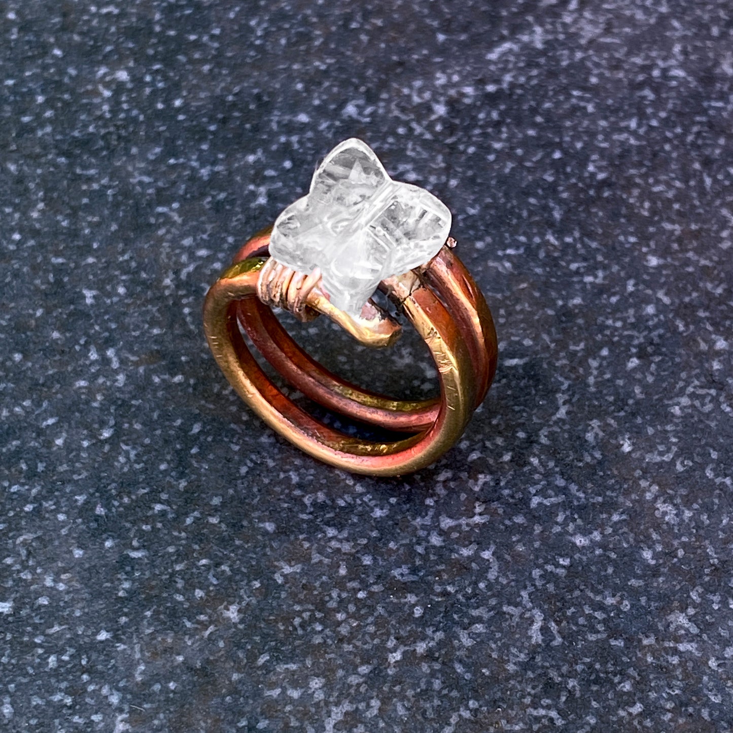 Brass and Quartz gemstone Butterfly Ring