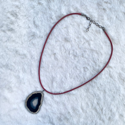 Red leather Necklace with Black Agate Slice pendant