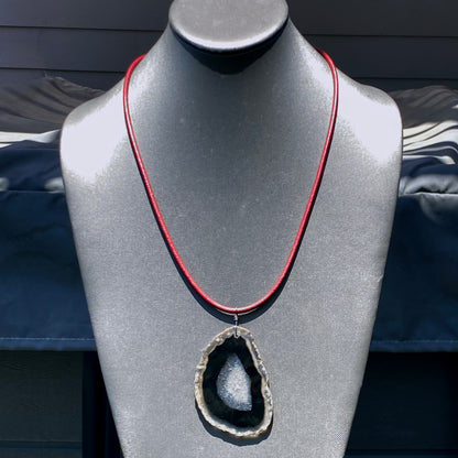 Red leather Necklace with Black Agate Slice pendant