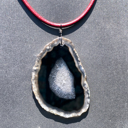 Red leather Necklace with Black Agate Slice pendant