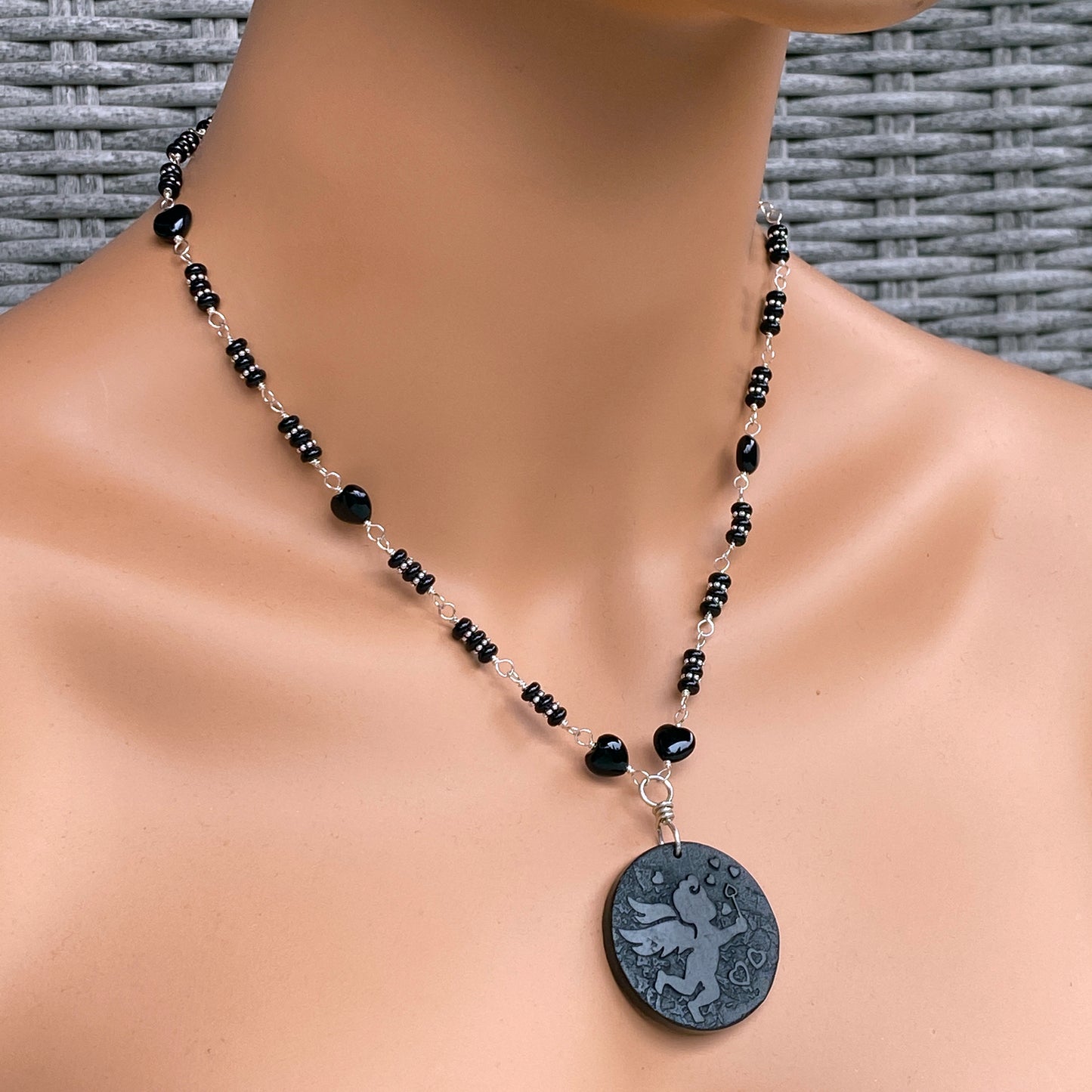 Carved Shungite Cupid Angel on Sterling Silver Chain with Onyx Gemstones