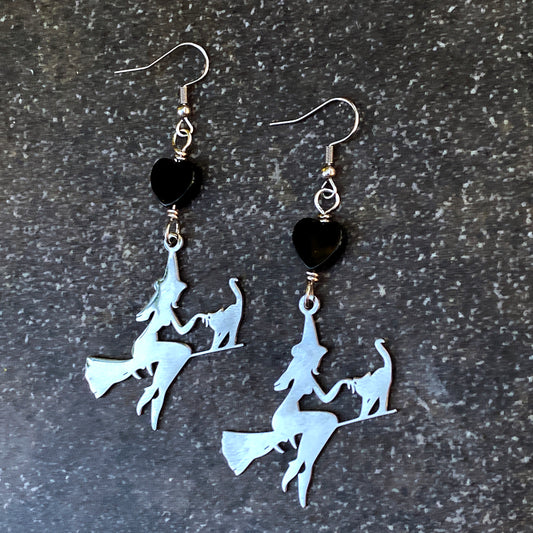 Onyx gemstone Hearts and steel Witch on broom Earrings